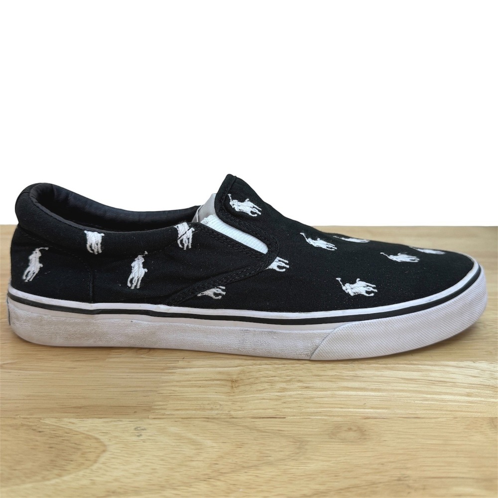 Polo Ralph Lauren Thompson Sneakers AOP PONY Mens 10 Black White Slip On Shoes